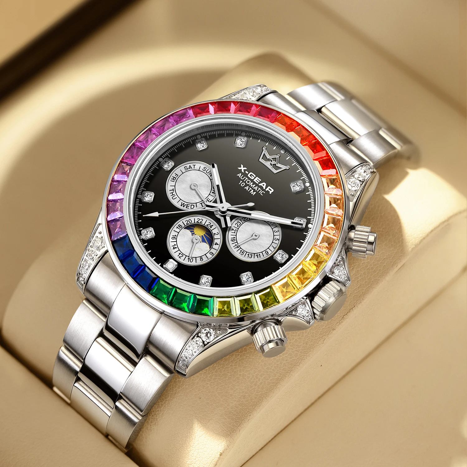Rainbow Bezel Automatic Mechanical Watch Luxury Stainless Steel Wristwatch Waterproof Luminous Dial Multi Function Calendar
Rainbow Bezel Automatic Mechanical Watch Luxury Stainless Steel Wristwatch Waterproof Luminous Dial Multi Function Calendar