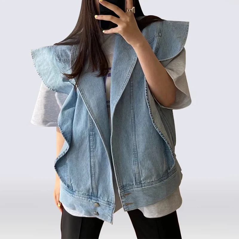Harajuku Ruffles Oversize Denim Jacket Fashion Sleeveless Large Size Vest Tops Chic Streetwear Jeans Coat Single Breasted Jacket
Harajuku Ruffles Oversize Denim Jacket Fashion Sleeveless Large Size Vest Tops Chic Streetwear Jeans Coat Single Breasted Jacket
