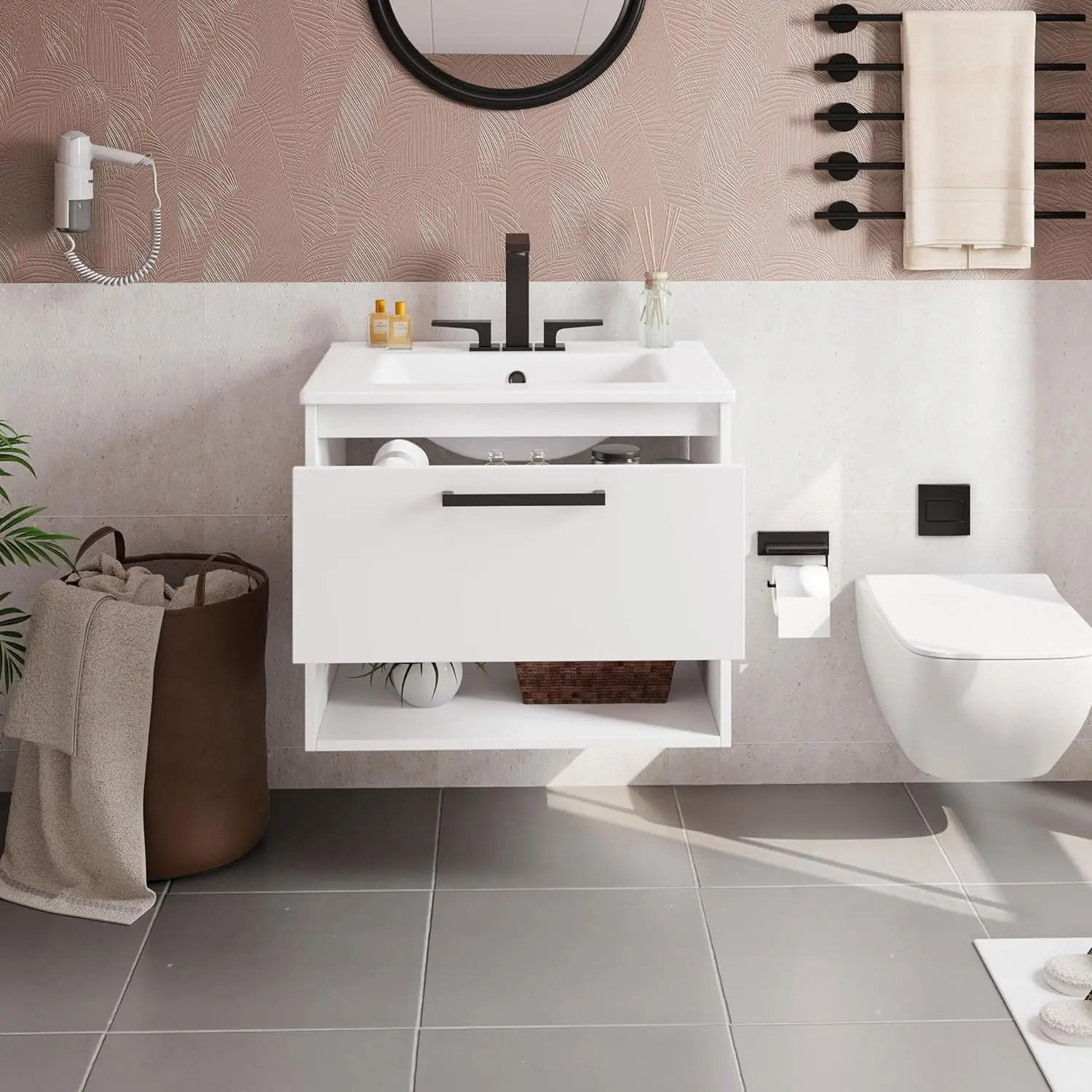 24" Bathroom Vanity with Sink, Wall Mounted Bathroom Sink Cabinet with 1 Drawer and Open Shelf, Modern Clearance Vanities, White
24" Bathroom Vanity with Sink, Wall Mounted Bathroom Sink Cabinet with 1 Drawer and Open Shelf, Modern Clearance Vanities, White