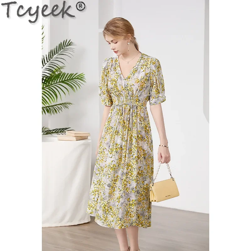 Tcyeek 100% Mulberry Silk High-end Dress 2024 High Waist Print Dresses New Dresses for Women Clothing Waist Women's Summer Dress
Tcyeek 100% Mulberry Silk High-end Dress 2024 High Waist Print Dresses New Dresses for Women Clothing Waist Women's Summer Dress