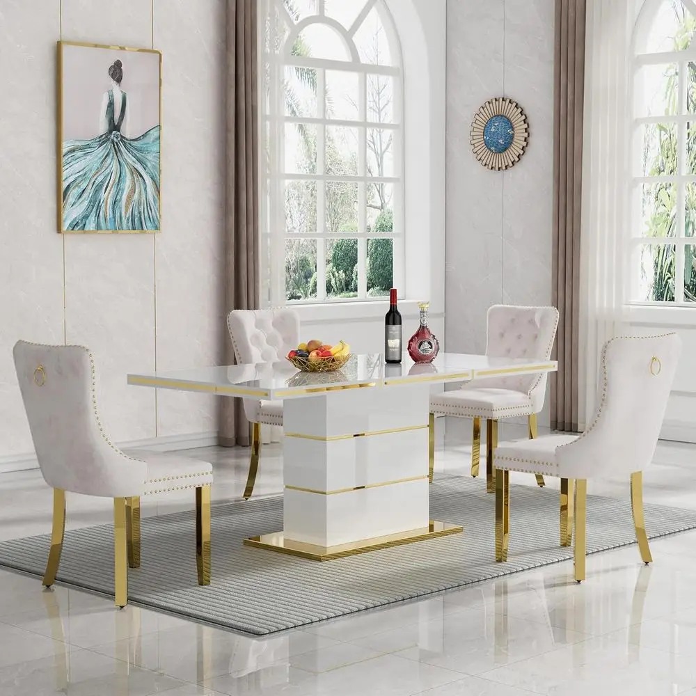 5-Piece White High Gloss Dining Set with Steel Base and Beige Upholstered Chairs
5-Piece White High Gloss Dining Set with Steel Base and Beige Upholstered Chairs