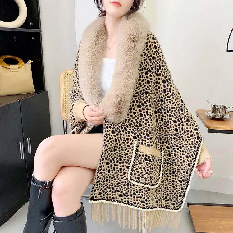 Autumn Winter New Imitation Wool Collar Knitted Shawl Women Leopard Print Tassels Long Sleeve Poncho Lady Capes Cloaks
Autumn Winter New Imitation Wool Collar Knitted Shawl Women Leopard Print Tassels Long Sleeve Poncho Lady Capes Cloaks