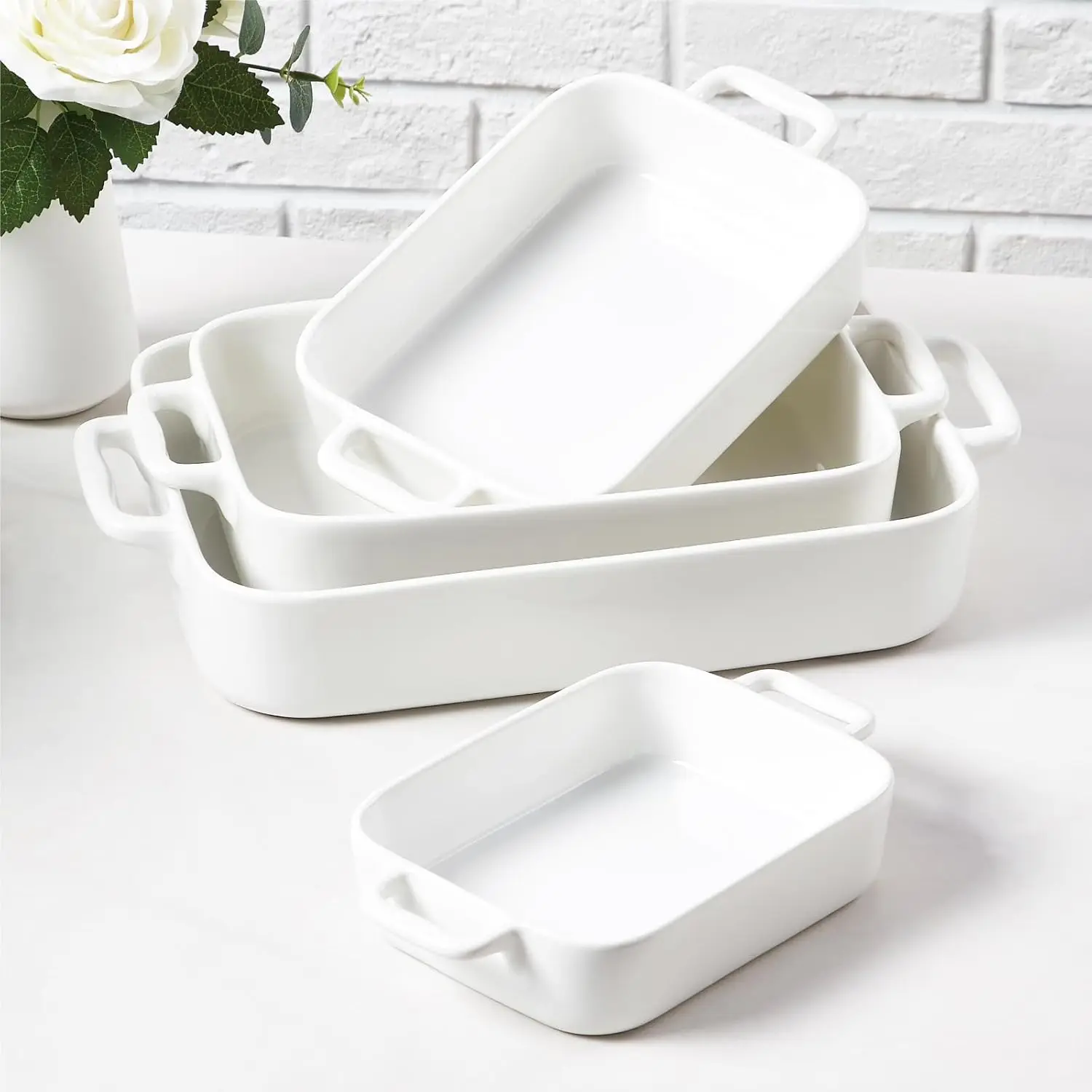 Ceramic Baking Dishes Set of 4 for Oven, 9.5x15.4 Inch with Handles, Microwave & Dishwasher Safe White
Ceramic Baking Dishes Set of 4 for Oven, 9.5x15.4 Inch with Handles, Microwave & Dishwasher Safe White