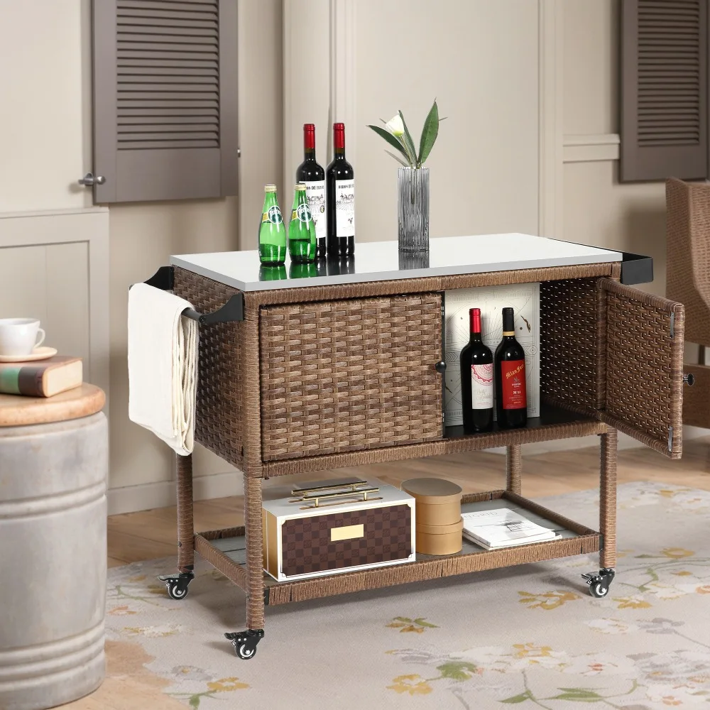 Outdoor Wicker Bar Cart, Patio Wine Serving Cart W/Wheels, Rolling Rattan Beverage Bar Counter Table W/Glass Top for Porch Backy
Outdoor Wicker Bar Cart, Patio Wine Serving Cart W/Wheels, Rolling Rattan Beverage Bar Counter Table W/Glass Top for Porch Backy