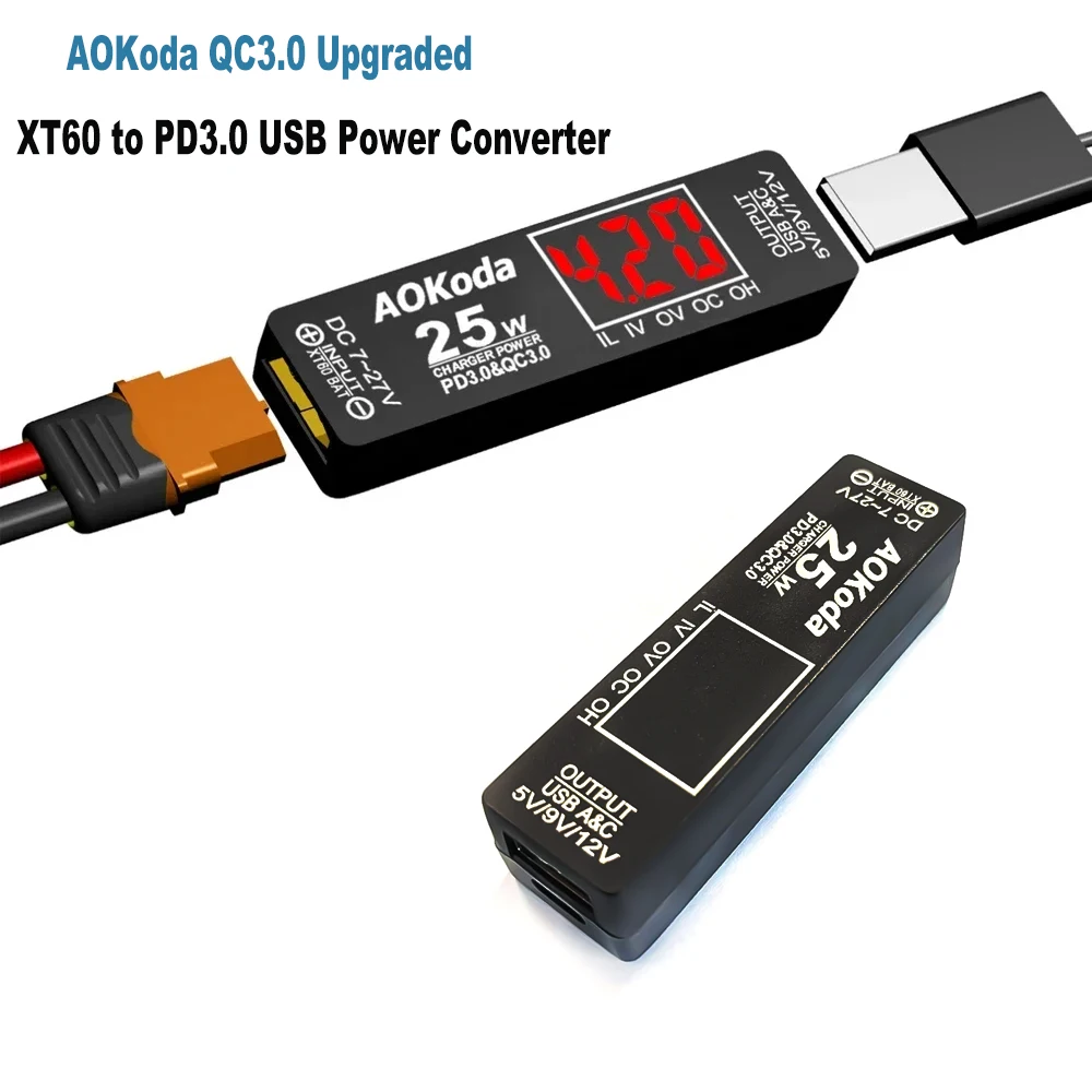 Адаптер преобразователя мощности AOKoda AOKoda PD3.0 и QC3.0 XT60 Быстрое зарядное устройство Преобразователь мощности Lipo Батарея в USB-адаптер
Адаптер преобразователя мощности AOKoda AOKoda PD3.0 и QC3.0 XT60 Быстрое зарядное устройство Преобразователь мощности Lipo Батарея в USB-адаптер