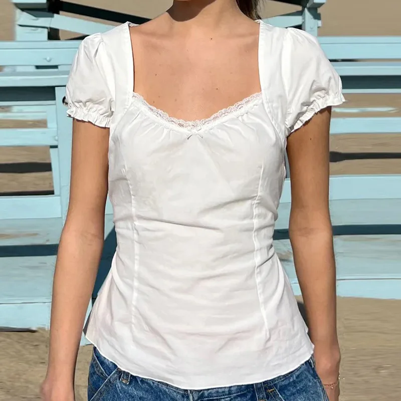 2025 White Lace Trim Square Collar Puff Sleeve Short Sleeve Shirt for Women with Lace Waist Tie Short Top 
2025 White Lace Trim Square Collar Puff Sleeve Short Sleeve Shirt for Women with Lace Waist Tie Short Top