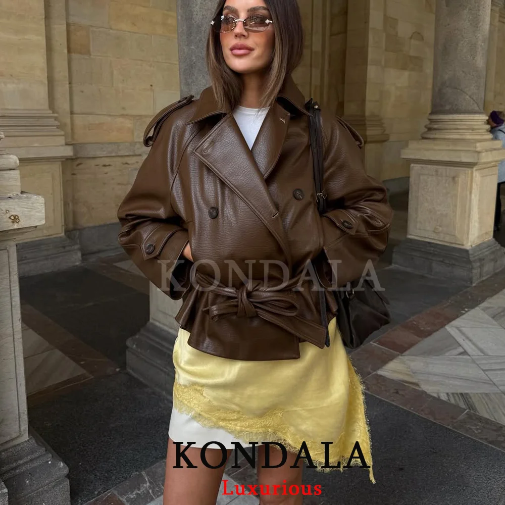 Кожаное пальто KONDALA Streetwear в стиле кэжуал-шик для женщин, с поясом, карманами, двубортное, модная коллекция Весна-Осень 2026
Кожаное пальто KONDALA Streetwear в стиле кэжуал-шик для женщин, с поясом, карманами, двубортное, модная коллекция Весна-Осень 2026
