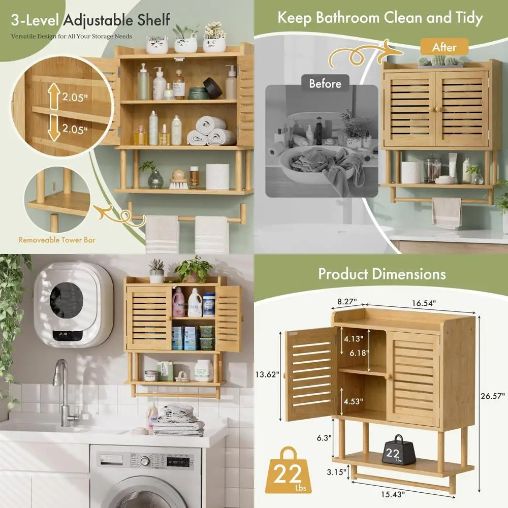 Over-the-Toilet Bamboo Storage Cabinet with Towel Bar and Adjustable Shelves, 8.3x21.3x26.6 Inches
Over-the-Toilet Bamboo Storage Cabinet with Towel Bar and Adjustable Shelves, 8.3x21.3x26.6 Inches