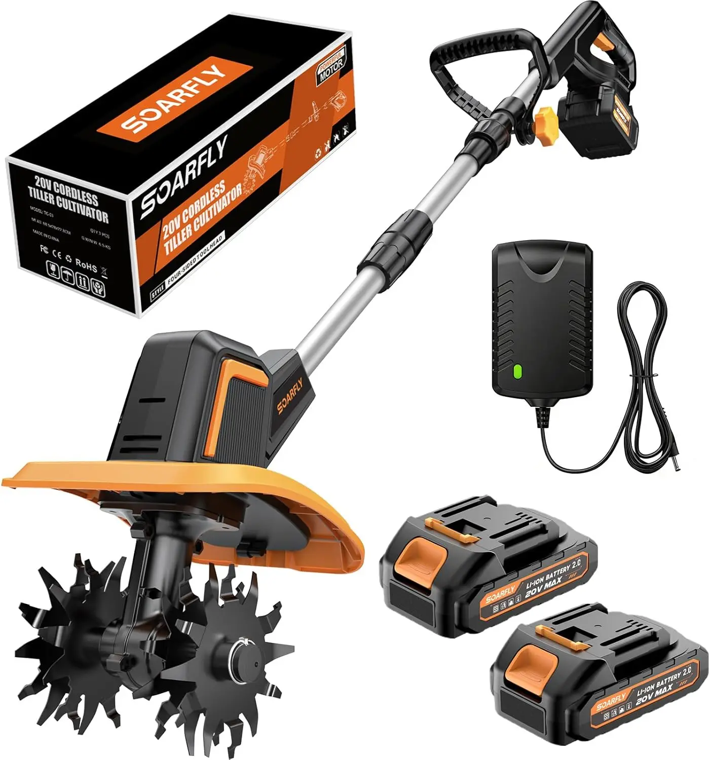 Upgraded Cordless Tiller for Gardening with Dual 2.0Ah Batteries, 48 Steel Tines Battery Rototiller, 9" Width 6.6" Depth
Upgraded Cordless Tiller for Gardening with Dual 2.0Ah Batteries, 48 Steel Tines Battery Rototiller, 9" Width 6.6" Depth