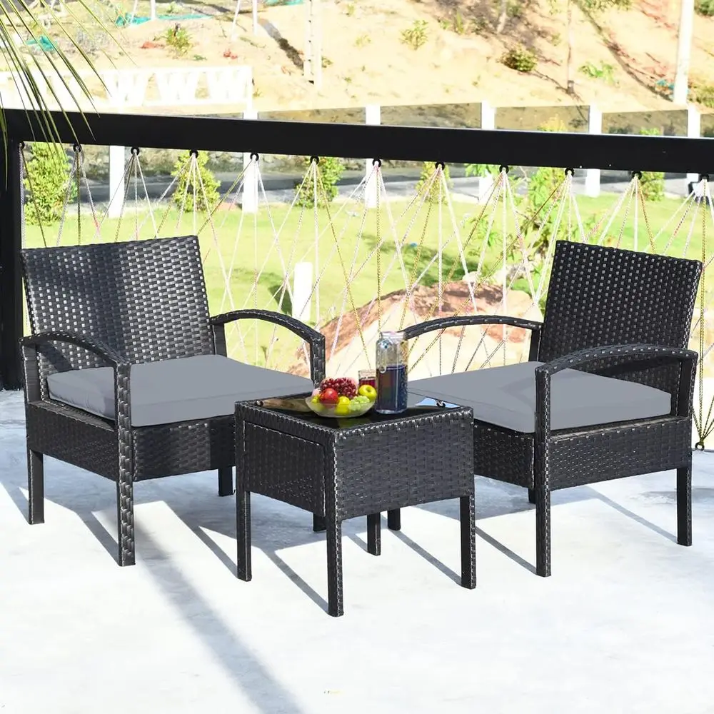 Grey Outdoor Wicker Bistro Set with Cushions and Tempered Glass Table for Patio, Garden, or Balcony
Grey Outdoor Wicker Bistro Set with Cushions and Tempered Glass Table for Patio, Garden, or Balcony
