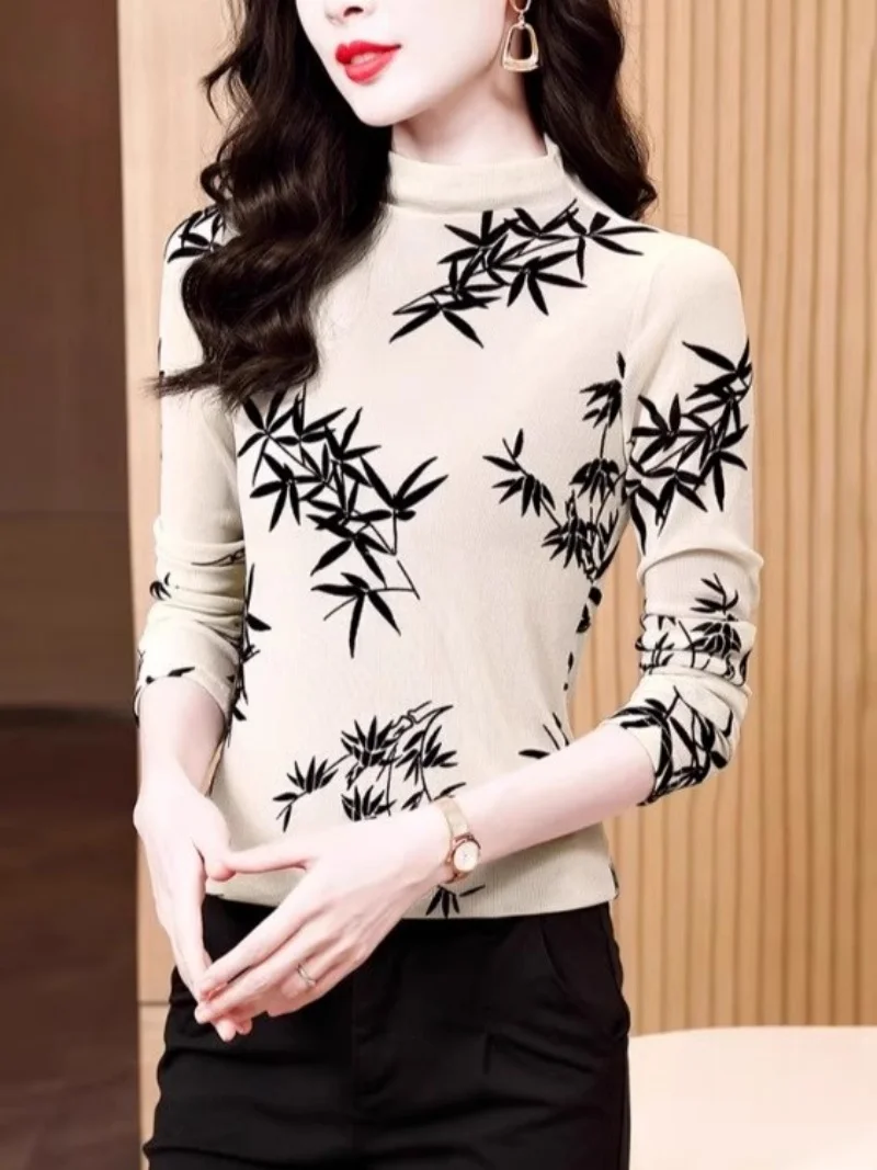 Chinese Style Flocking Printed Mesh Bottom Shirt For Women Autumn Winter, Half High Collar, Long Sleeved T-Shirt, Slim Fit Elega
Chinese Style Flocking Printed Mesh Bottom Shirt For Women Autumn Winter, Half High Collar, Long Sleeved T-Shirt, Slim Fit Elega