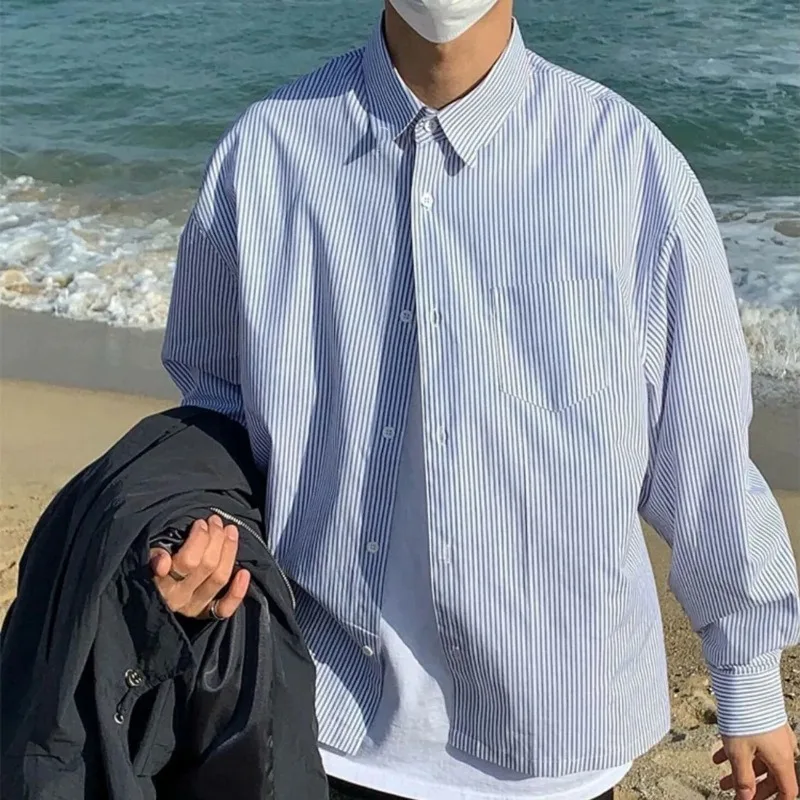 Men's Blue & White Striped Oversized Shirt Long Sleeve Collared Casual Loose Fit Top
Men's Blue & White Striped Oversized Shirt Long Sleeve Collared Casual Loose Fit Top