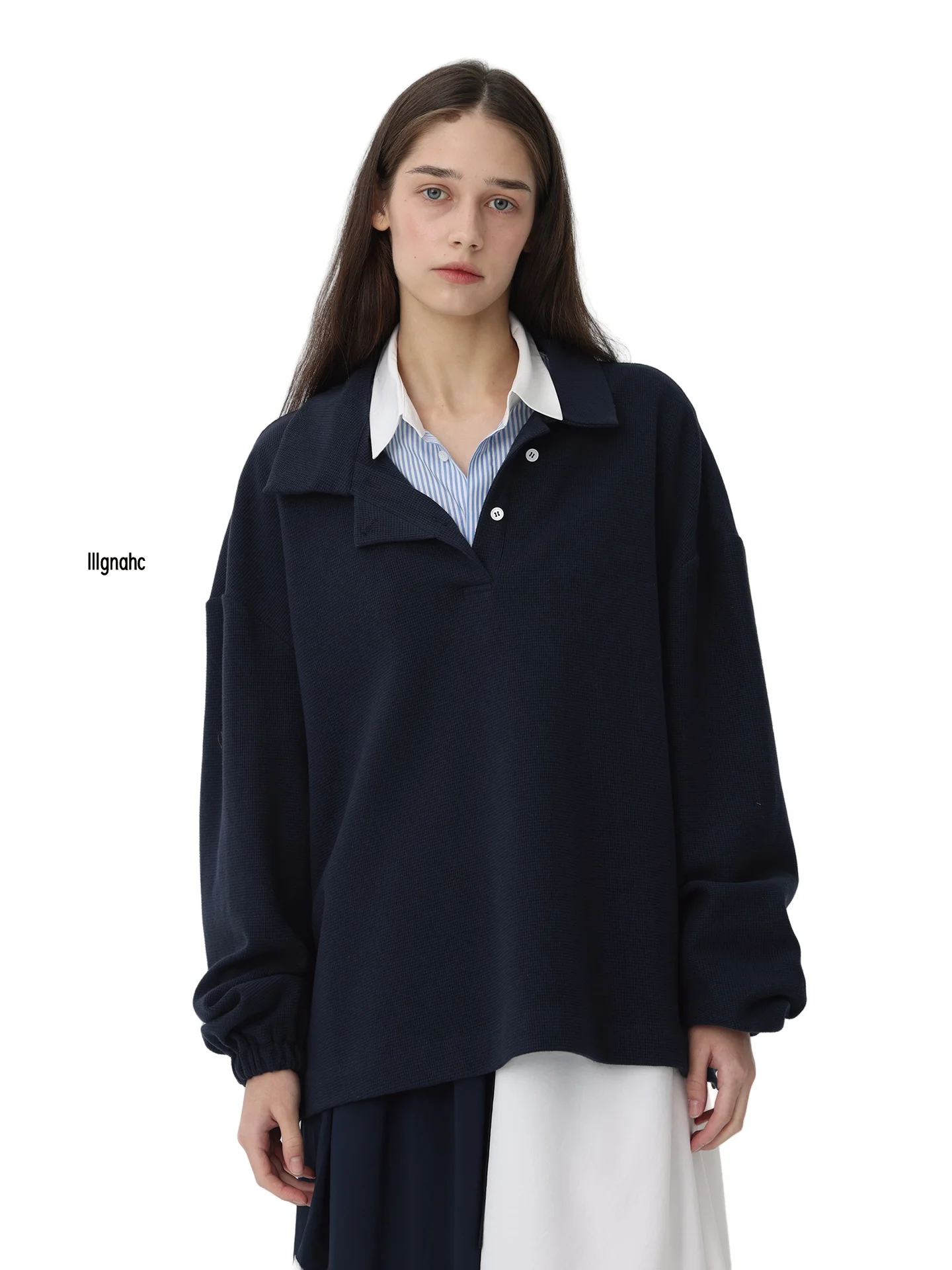 Deep Blue Poloshirt Asymmetric Collar Long Sleeve Loose Outerwear Casual Purecolor Plaid Pattern Women's Shirt
Deep Blue Poloshirt Asymmetric Collar Long Sleeve Loose Outerwear Casual Purecolor Plaid Pattern Women's Shirt