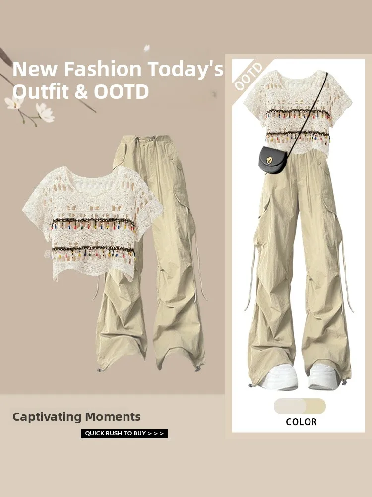 Sweet Cool Style Women's Short Sleeve Hollow out Top And Workwear Pants Two Piece Set Fashionable Casual Wear for Younger Women
Sweet Cool Style Women's Short Sleeve Hollow out Top And Workwear Pants Two Piece Set Fashionable Casual Wear for Younger Women