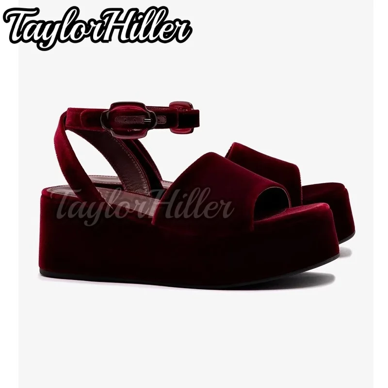 Burgundy Red Velvet Heeled Sandals Open Toe Thick Sole Summer Buckle Strap High Heels Strappy Women Luxury Designer Solid Shoes
Burgundy Red Velvet Heeled Sandals Open Toe Thick Sole Summer Buckle Strap High Heels Strappy Women Luxury Designer Solid Shoes