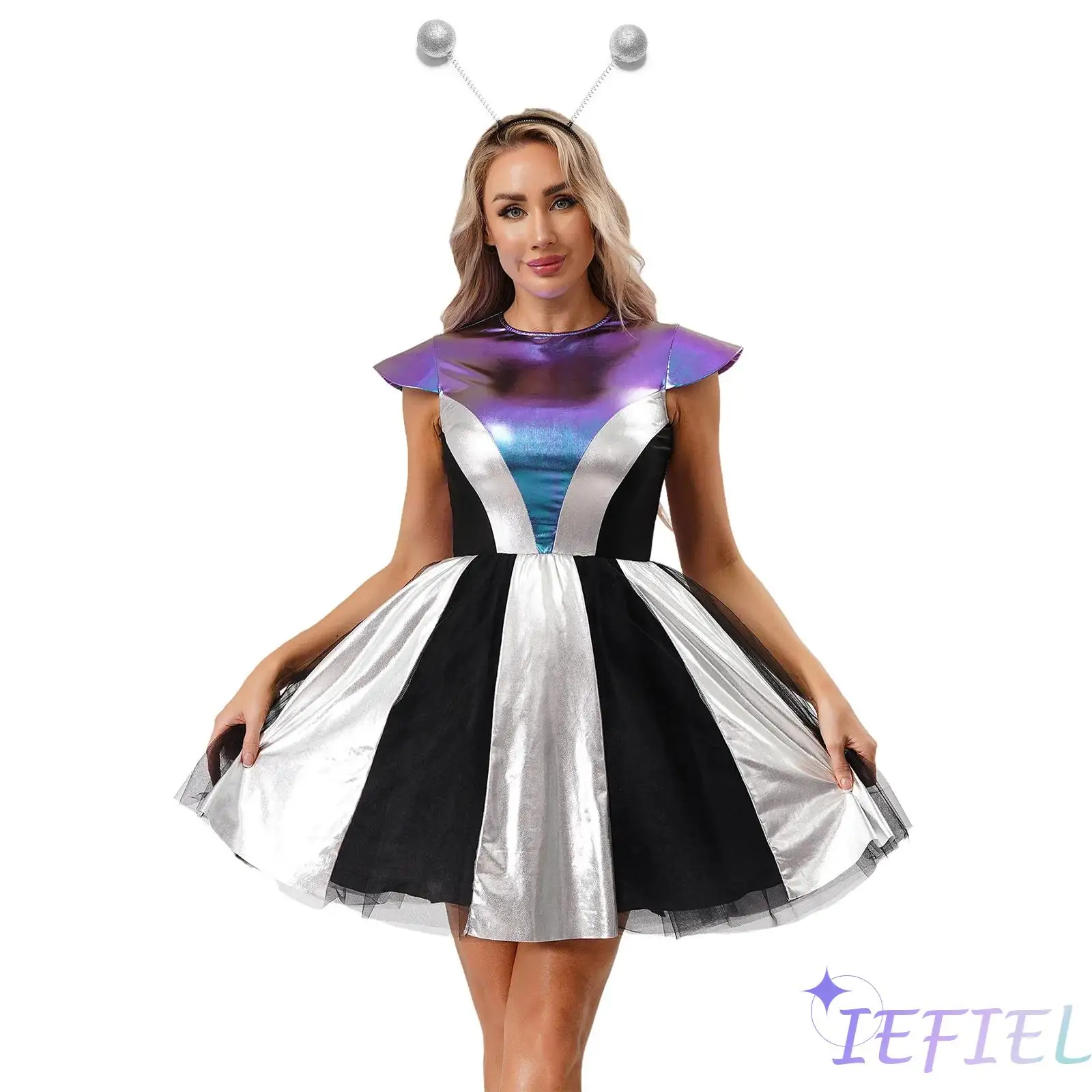 Women 2Pcs Space Alien Costume Shiny Metallic Short Sleeve Back Invisible Zipper Puffy Dress and Matched Hair Hoop Halloween Set
Women 2Pcs Space Alien Costume Shiny Metallic Short Sleeve Back Invisible Zipper Puffy Dress and Matched Hair Hoop Halloween Set