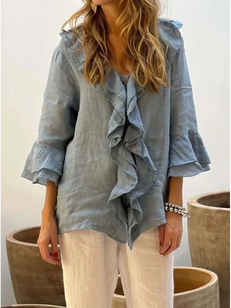 Fashion Ruffles Solid Color Shirts Women's Top V-neck Single Breasted Flying Sleeves Shirt Spring Casual Lady Blouse And Tops
Fashion Ruffles Solid Color Shirts Women's Top V-neck Single Breasted Flying Sleeves Shirt Spring Casual Lady Blouse And Tops