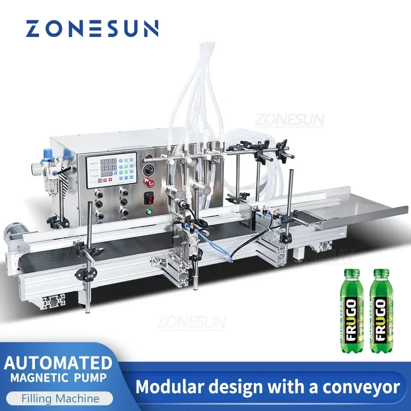 ZONESUN 4 Nozzles Magnetic Pump Automatic Liquid Filling Machine Perfume Wine Water drink soy sauce bottle Filler with conveyor
ZONESUN 4 Nozzles Magnetic Pump Automatic Liquid Filling Machine Perfume Wine Water drink soy sauce bottle Filler with conveyor