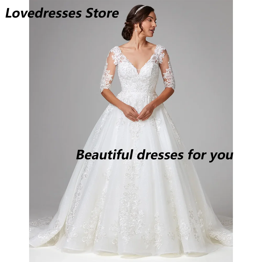 Elegant V Neck Wedding Dress Customized Half Sleeves Lace Applique Sweep Train Vestido De Noiva Bridal Gown for Bride 2025
Elegant V Neck Wedding Dress Customized Half Sleeves Lace Applique Sweep Train Vestido De Noiva Bridal Gown for Bride 2025