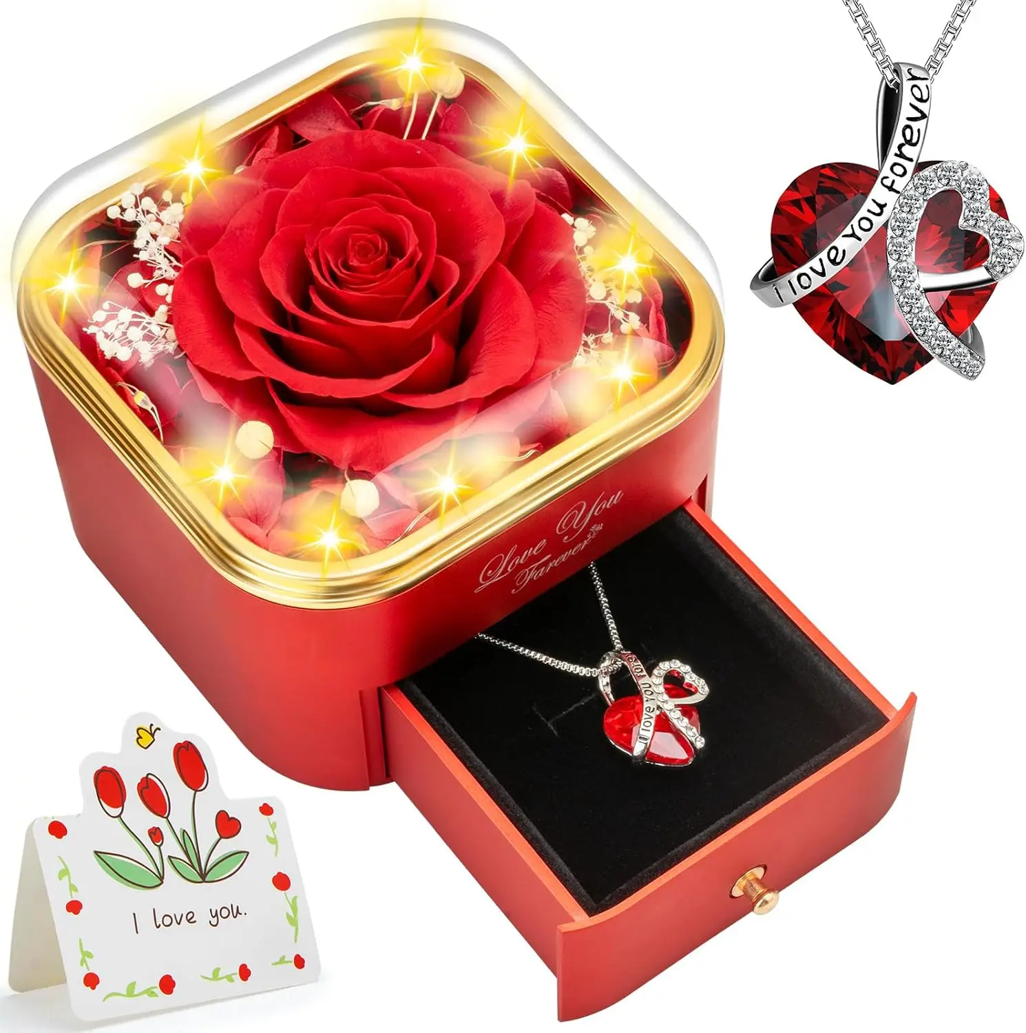 Preserved Red Rose with Heart Necklace - Eternal Flower Gift for Women on Christmas, Valentine's, Mother's Day
Preserved Red Rose with Heart Necklace - Eternal Flower Gift for Women on Christmas, Valentine's, Mother's Day
