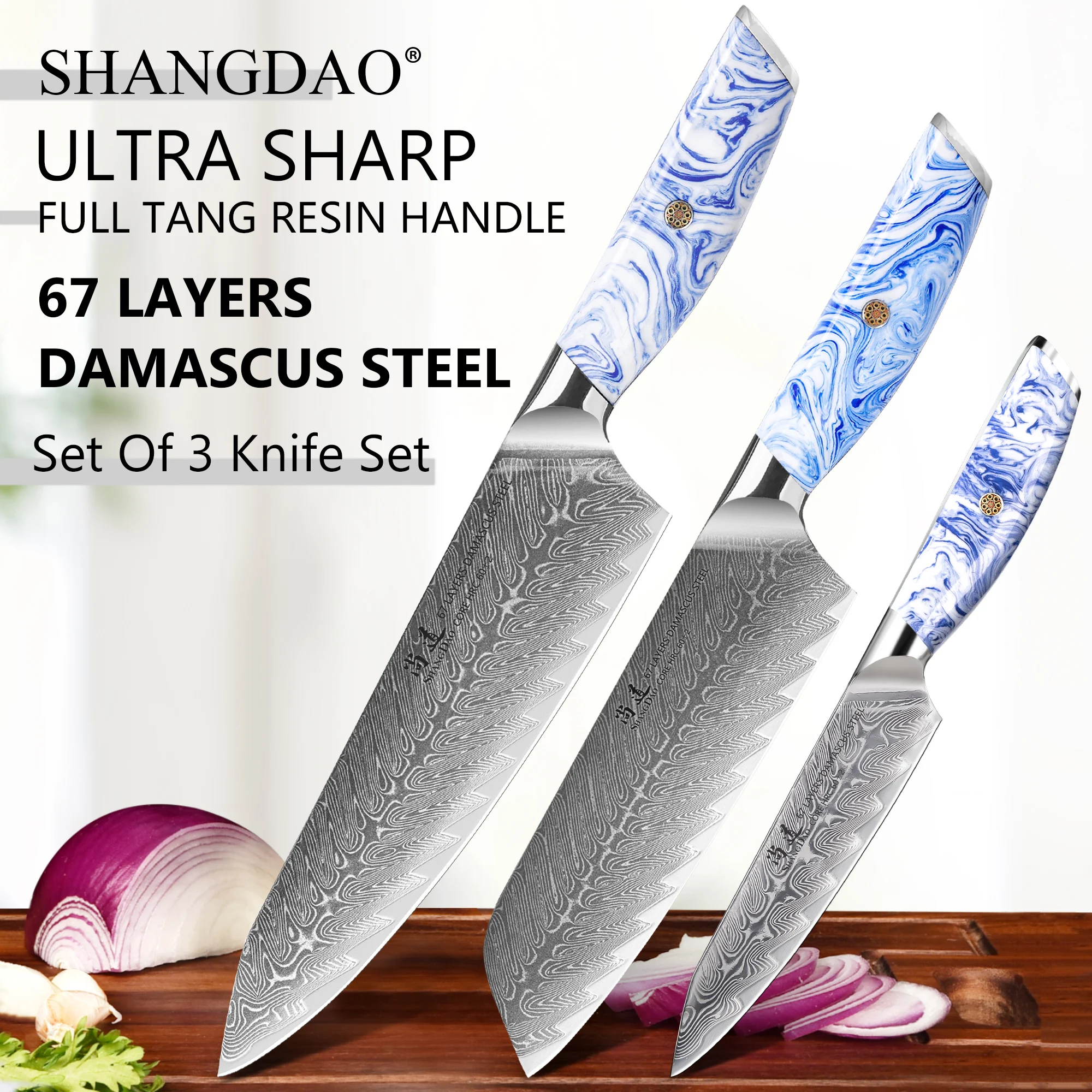 SHANGDAO 3PCS Professional Kitchen Chef Knife Set,67 Layer Damascus VG10 Steel Knives with Ergonomic Resin Handle
SHANGDAO 3PCS Professional Kitchen Chef Knife Set,67 Layer Damascus VG10 Steel Knives with Ergonomic Resin Handle