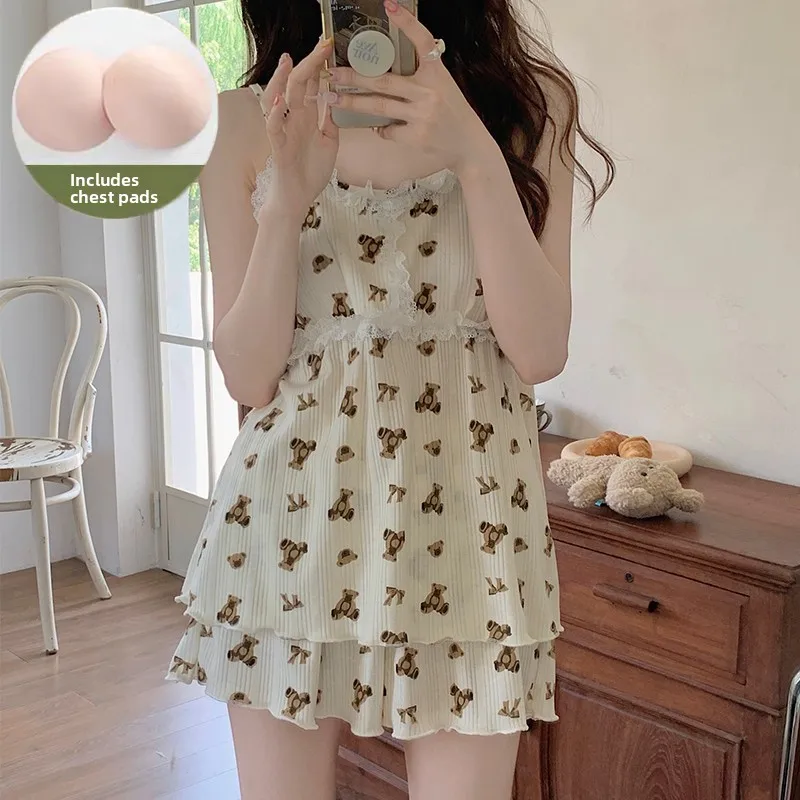 Pure Cotton Lace Trim Spwear Set with Chest Pad Women's Summer Sexy Strap Home Clothes ort Pants Cartoon Cute
Pure Cotton Lace Trim Spwear Set with Chest Pad Women's Summer Sexy Strap Home Clothes ort Pants Cartoon Cute