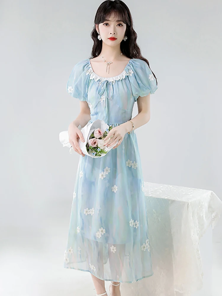 Summer Blue Embroidery Floral Puff Sleeve Long Dress Women Elegant Bow Lace Collar Casual Dress 2025 Korean Luxury Evening Dress
Summer Blue Embroidery Floral Puff Sleeve Long Dress Women Elegant Bow Lace Collar Casual Dress 2025 Korean Luxury Evening Dress