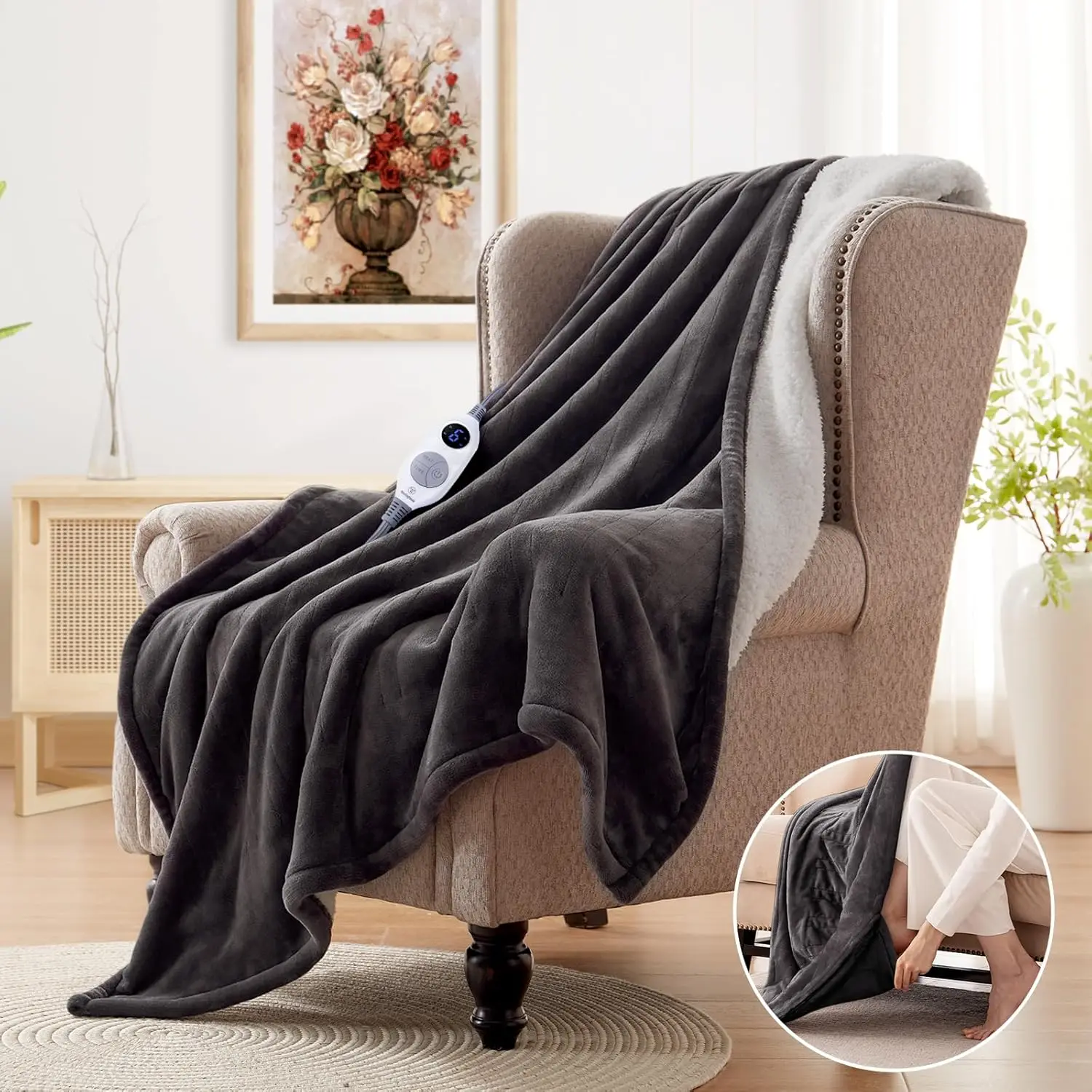 Electric Heated Throw Blanket with Foot Pocket, 6 Heating Levels & Timer, Soft Flannel to Sherpa, Machine Washable, 50x62 Inches
Electric Heated Throw Blanket with Foot Pocket, 6 Heating Levels & Timer, Soft Flannel to Sherpa, Machine Washable, 50x62 Inches