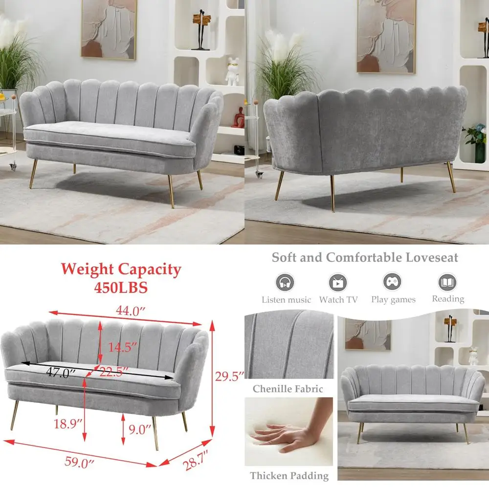 Compact 2-Seater Chenille Loveseat Sofa with Gold Legs and Flower-Shaped Back for Living Room
Compact 2-Seater Chenille Loveseat Sofa with Gold Legs and Flower-Shaped Back for Living Room
