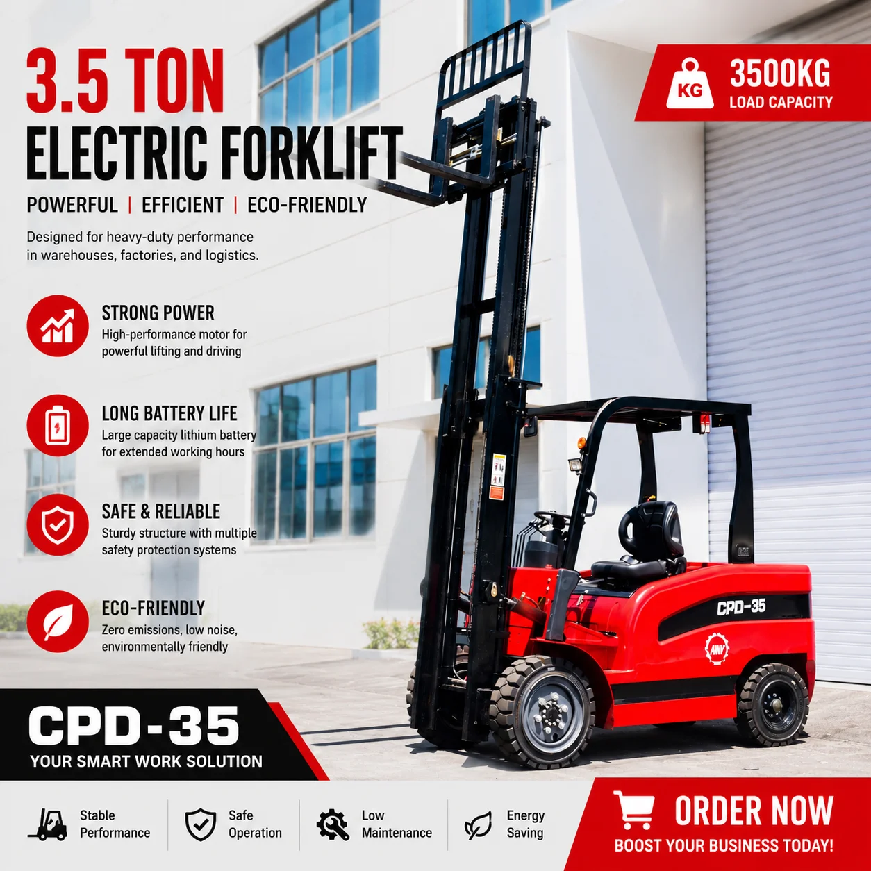 3.5 Ton Electric Forklift 3m Lift Wide Field of View 4X4 Forklifts for Warehouse/Factory Narrow Channel Operation Customizable
3.5 Ton Electric Forklift 3m Lift Wide Field of View 4X4 Forklifts for Warehouse/Factory Narrow Channel Operation Customizable