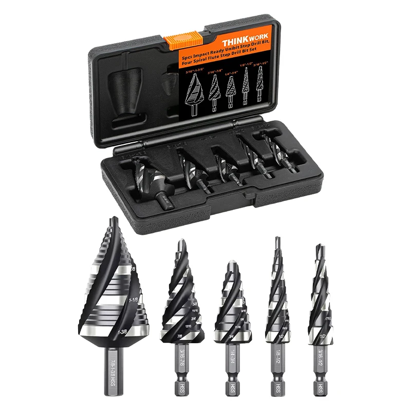 5PCS Four Spiral Flute Step Drill Bit Set High Speed Steel Metal Drill Bits
5PCS Four Spiral Flute Step Drill Bit Set High Speed Steel Metal Drill Bits