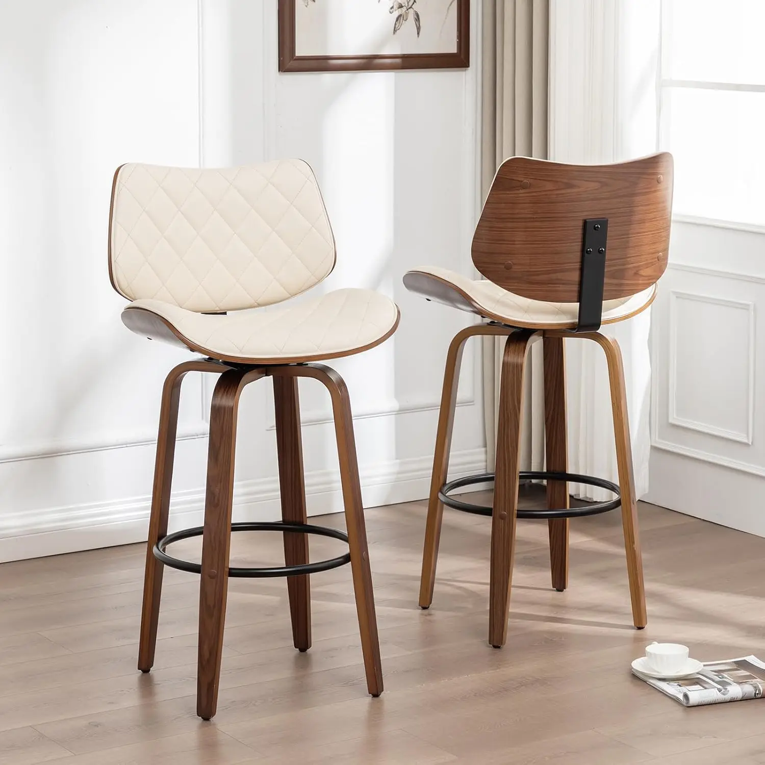 25" Swivel Bar Stools Set of 2, Mid Century Modern Counter Height Barstools Cream White Leather Upholstered Bar, Customized
25" Swivel Bar Stools Set of 2, Mid Century Modern Counter Height Barstools Cream White Leather Upholstered Bar, Customized