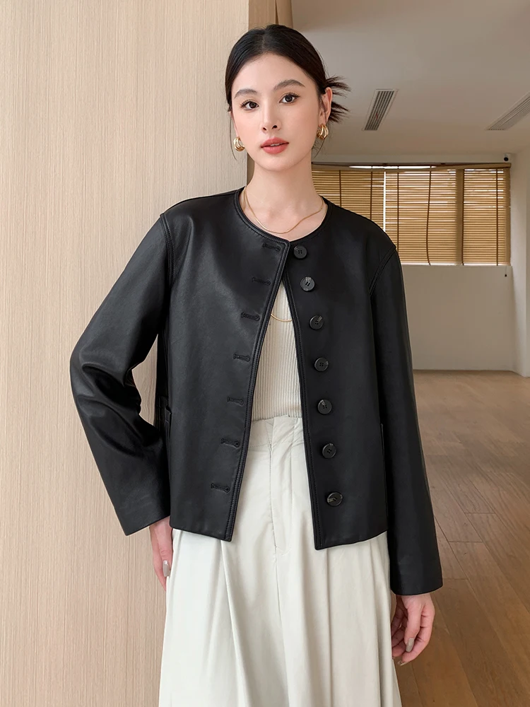 Casual O-neck Genuine Leather Jacket for Women Spring Autumn Simple Single Breasted Soft Black Short Real Sheepskin Leather Coat
Casual O-neck Genuine Leather Jacket for Women Spring Autumn Simple Single Breasted Soft Black Short Real Sheepskin Leather Coat