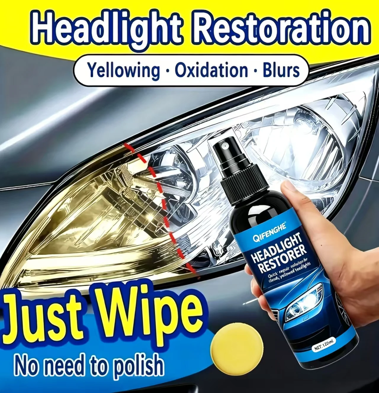 QIFENGHE Car Headlight Restoration Kit 120ml, Crystal Clear Headlight Repair Spray, Safe Corrosion-Free Formula, Prevents Future
QIFENGHE Car Headlight Restoration Kit 120ml, Crystal Clear Headlight Repair Spray, Safe Corrosion-Free Formula, Prevents Future