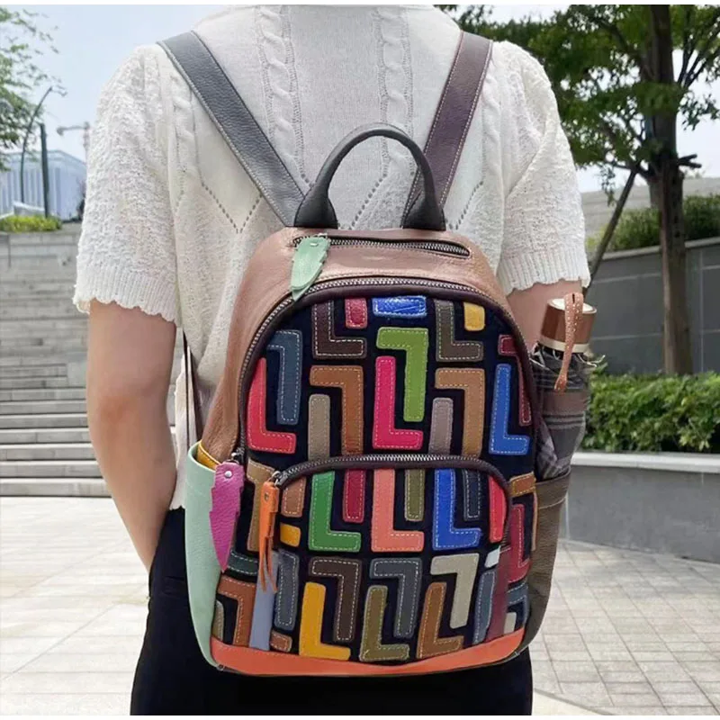 New genuine leather women's bag - colorful cowhide patchwork backpack, fashionable women's retro casual handbag
New genuine leather women's bag - colorful cowhide patchwork backpack, fashionable women's retro casual handbag