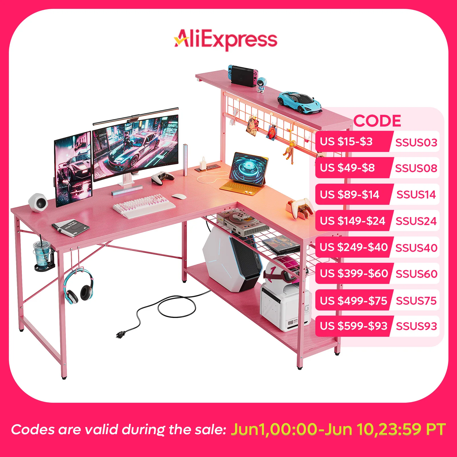 Nost&host Gaming Desk 51" L-Shaped, with Power Outlets & LED Lights- 4 Tier Shelves, Reversible Gamer Table with Hooks & Cup Holder for Home Office Carbon Fiber Pink
Nost&host Gaming Desk 51" L-Shaped, with Power Outlets & LED Lights- 4 Tier Shelves, Reversible Gamer Table with Hooks & Cup Holder for Home Office Carbon Fiber Pink
