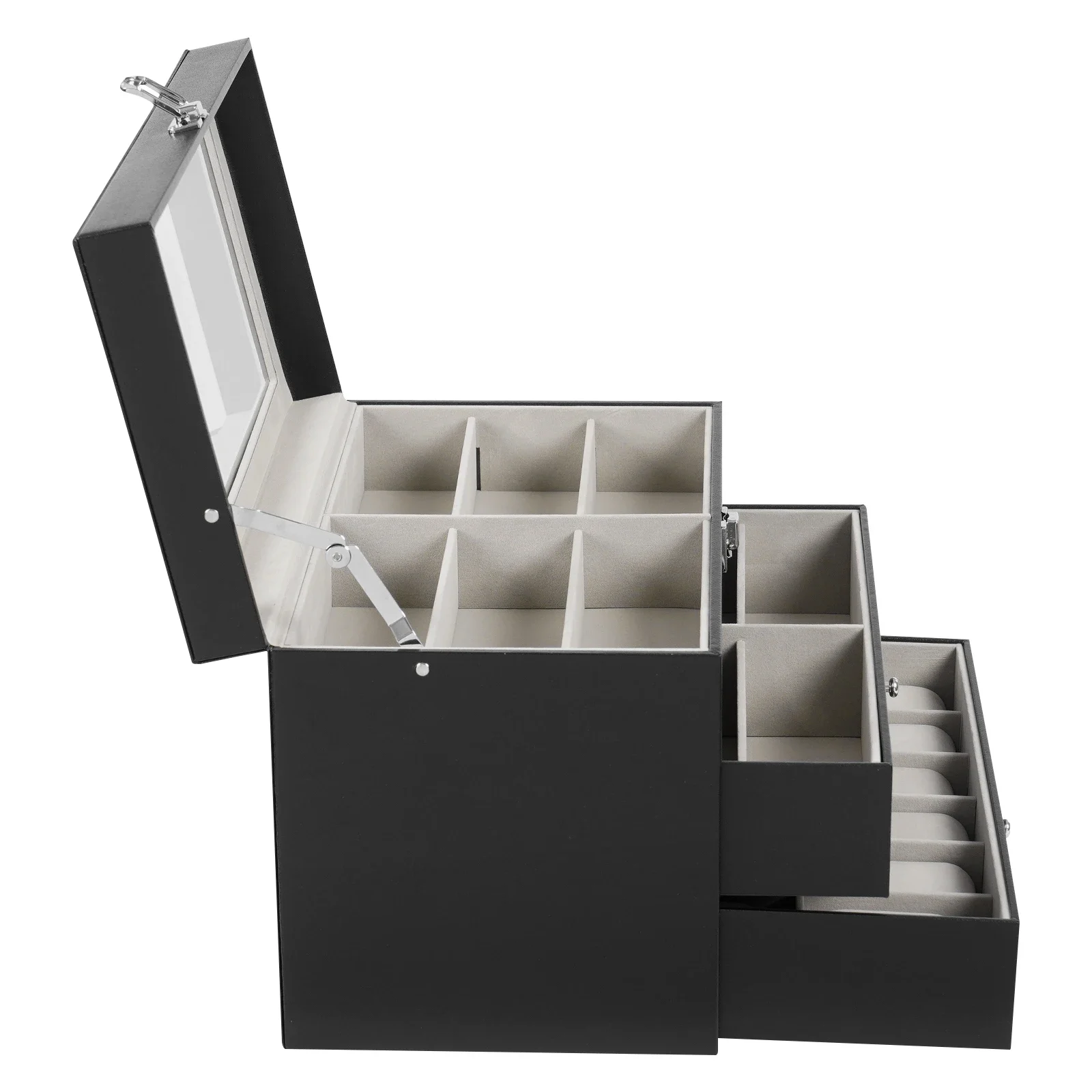 3-Layer Black Leather Watch Box, 12 Watches Storage Box and 12 Eyeglasses Storage and Sunglass Glasses Jewelry Display Drawer
3-Layer Black Leather Watch Box, 12 Watches Storage Box and 12 Eyeglasses Storage and Sunglass Glasses Jewelry Display Drawer