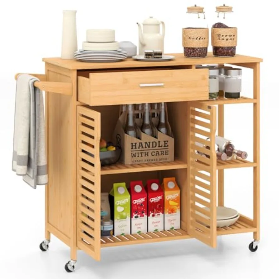 Bamboo Kitchen Island Cart on Wheels, Natural Finish, Rolling Storage Sideboard with Large Drawer, Open Shelves, Towel Rack 2-D
Bamboo Kitchen Island Cart on Wheels, Natural Finish, Rolling Storage Sideboard with Large Drawer, Open Shelves, Towel Rack 2-D