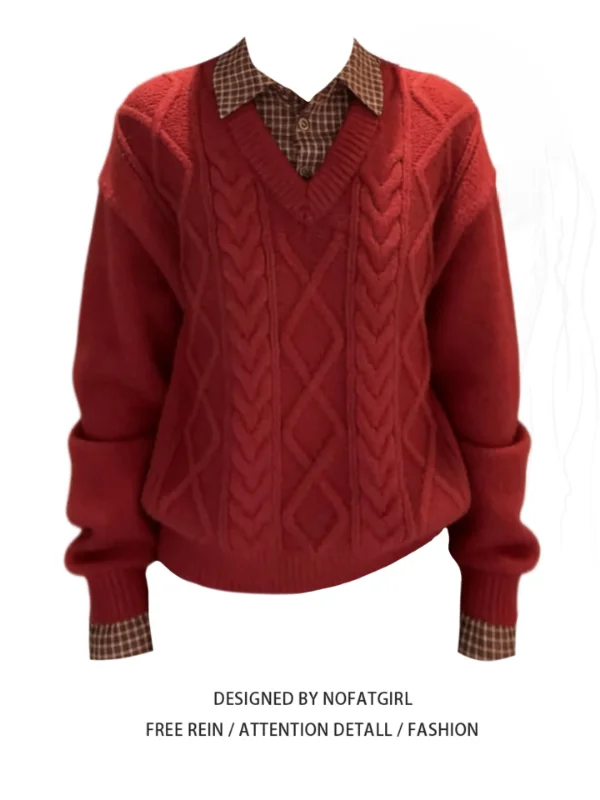 plus Size Knitted Sweater Women's Winter Red Collar Plaid Patchwork Loose Slimming Knitwear Casual Commute Style Top
plus Size Knitted Sweater Women's Winter Red Collar Plaid Patchwork Loose Slimming Knitwear Casual Commute Style Top