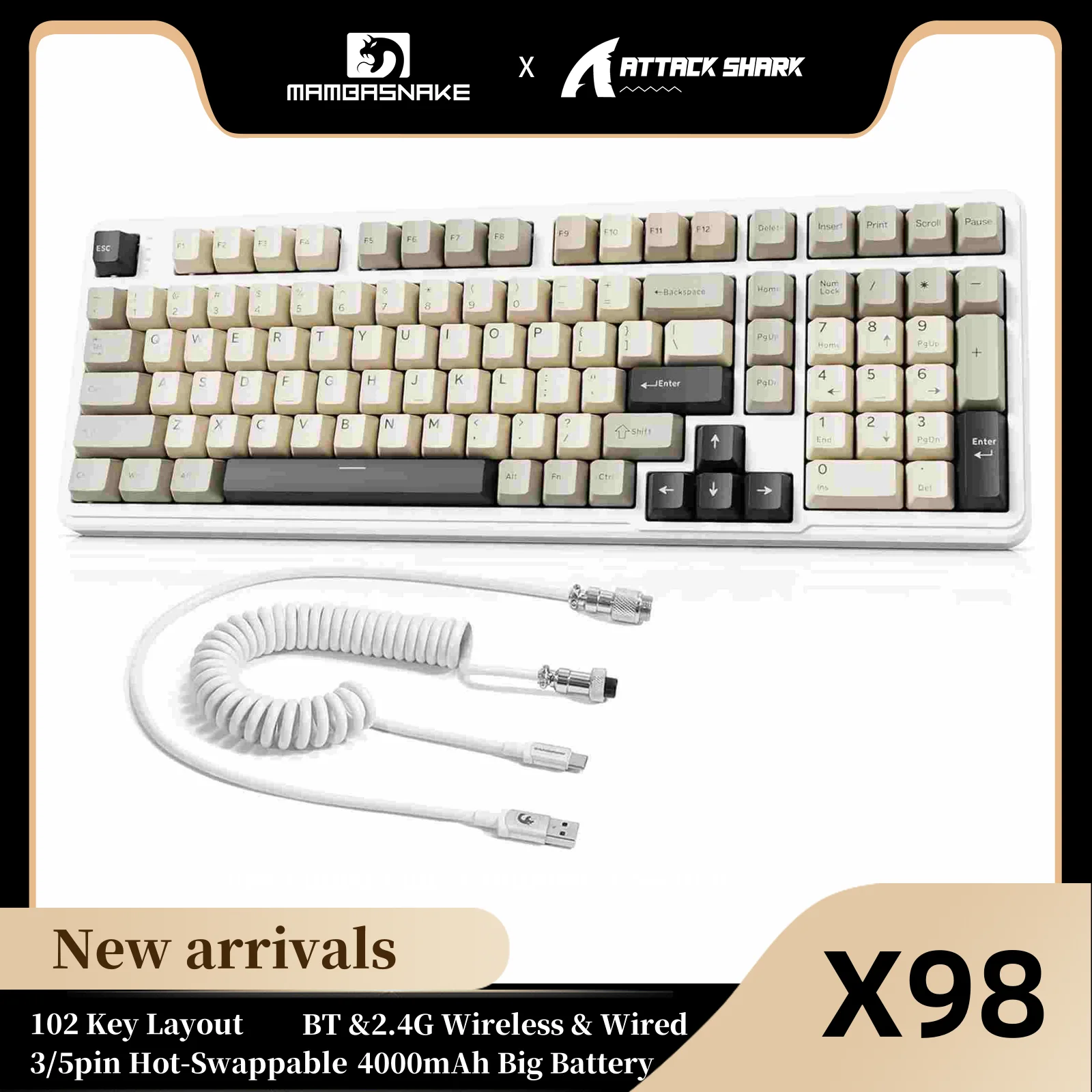 Механическая клавиатура MAMBASNAKE x Attack Shark X98, беспроводная игровая клавиатура со спиральным кабелем, трехрежимная 2,4G/BT/USB-C
Механическая клавиатура MAMBASNAKE x Attack Shark X98, беспроводная игровая клавиатура со спиральным кабелем, трехрежимная 2,4G/BT/USB-C