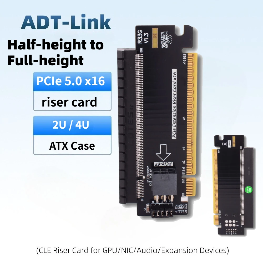 R33G PCIe 5.0 X16 Gen5.0 Upward Riser Card Half-height To Full-height Increased Test Transfer Protection Card For 2U/4U/ATX Case