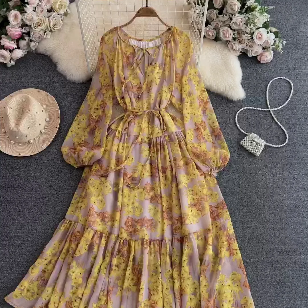 Autumn Printed Dress Women O-neck Lace-up Lantern Sleeve Patchwork Long Skirt French Fashion Elegant A-line Pleated Dresses
Autumn Printed Dress Women O-neck Lace-up Lantern Sleeve Patchwork Long Skirt French Fashion Elegant A-line Pleated Dresses