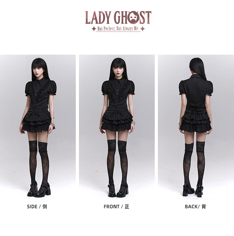 Dark Gothic Subculture Style Sweet Cool Girl Outfit Polo Neck Puff Sleeve Ruffles Spliced Single Breasted Black Shirt Top Women
Dark Gothic Subculture Style Sweet Cool Girl Outfit Polo Neck Puff Sleeve Ruffles Spliced Single Breasted Black Shirt Top Women