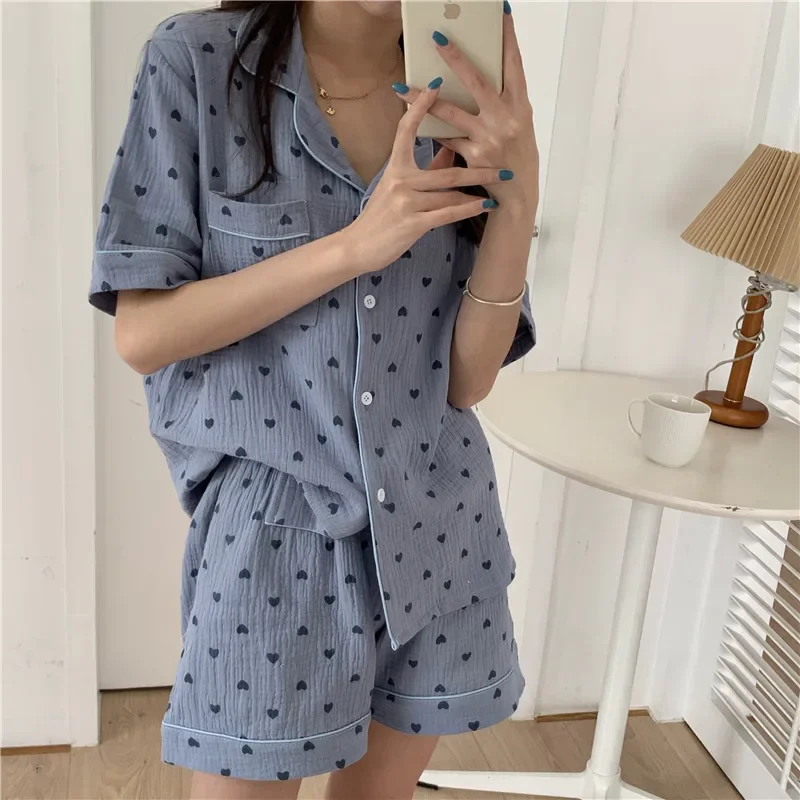 Lovely Heart Print Summer Pajamas Set Women Single Breasted Shirts + Shorts Set Two Piece Home Suit Cotton Sweet Kawaii
Lovely Heart Print Summer Pajamas Set Women Single Breasted Shirts + Shorts Set Two Piece Home Suit Cotton Sweet Kawaii