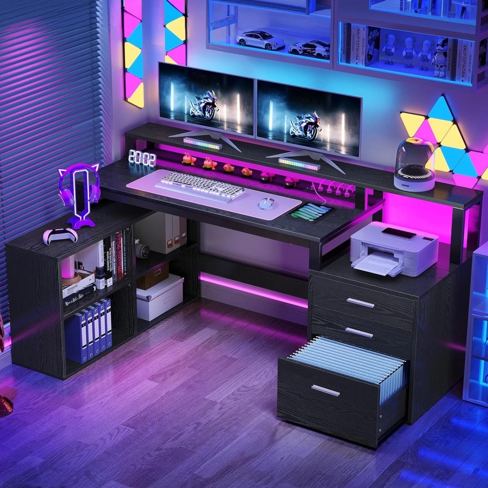 Computer Desk, 65 in. with Power Outlet and LED Lights, Storage Drawer with File Cabinet and Printer Holder,Computer Gaming Desk
Computer Desk, 65 in. with Power Outlet and LED Lights, Storage Drawer with File Cabinet and Printer Holder,Computer Gaming Desk