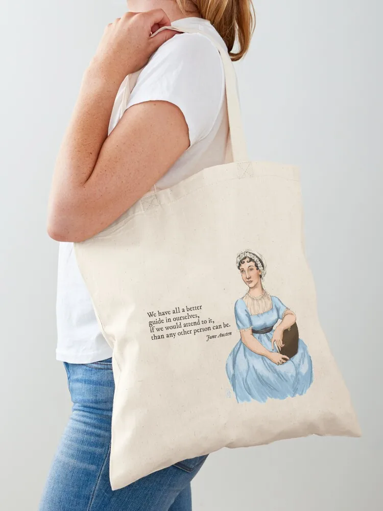 Jane Austen quote- We have all a better guide in ourselves, if we would attend to it, than any other person can be. Tote Bag 
Jane Austen quote- We have all a better guide in ourselves, if we would attend to it, than any other person can be. Tote Bag