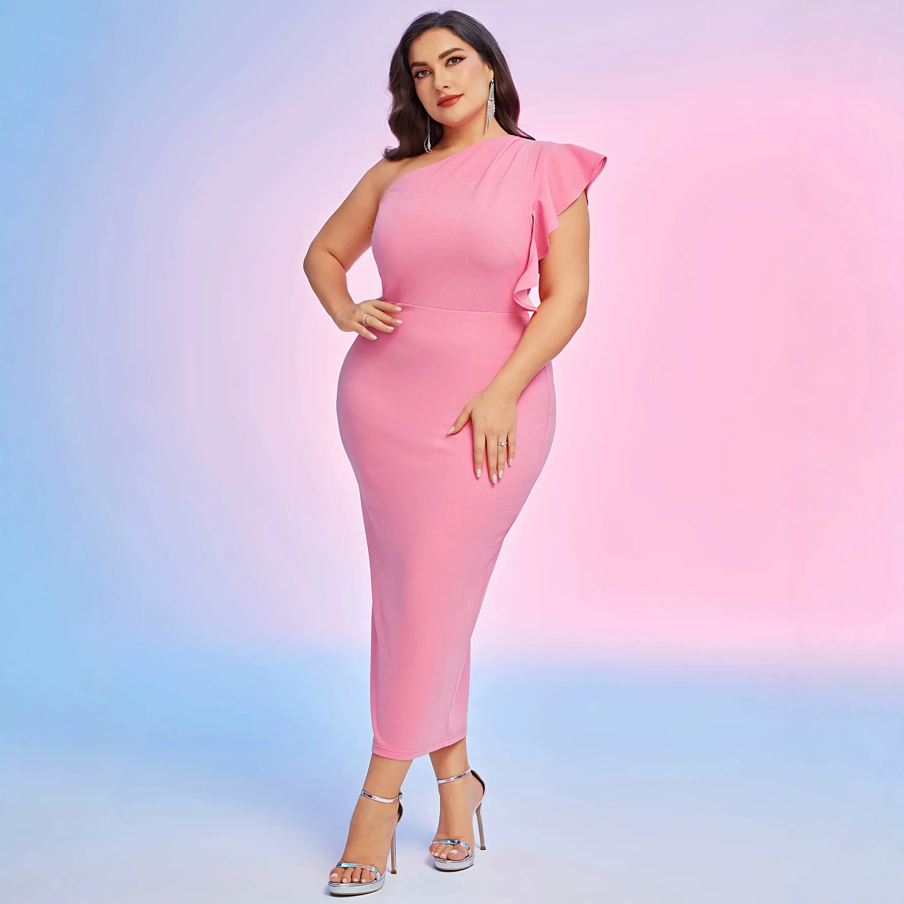 New Plus-size One-shoulder Ruffle Gown, Pink Slim-fit Bodycon Party Evening Dress With An Elegant Temperament Wedding Dress Midi
New Plus-size One-shoulder Ruffle Gown, Pink Slim-fit Bodycon Party Evening Dress With An Elegant Temperament Wedding Dress Midi