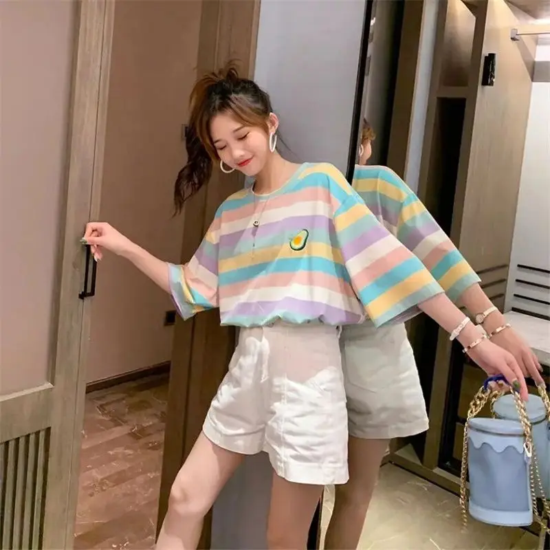 Korean Style Summer Women T Shirt Striped Embroidered Rainbow Loose Fit Mid Length Casual Top
Korean Style Summer Women T Shirt Striped Embroidered Rainbow Loose Fit Mid Length Casual Top