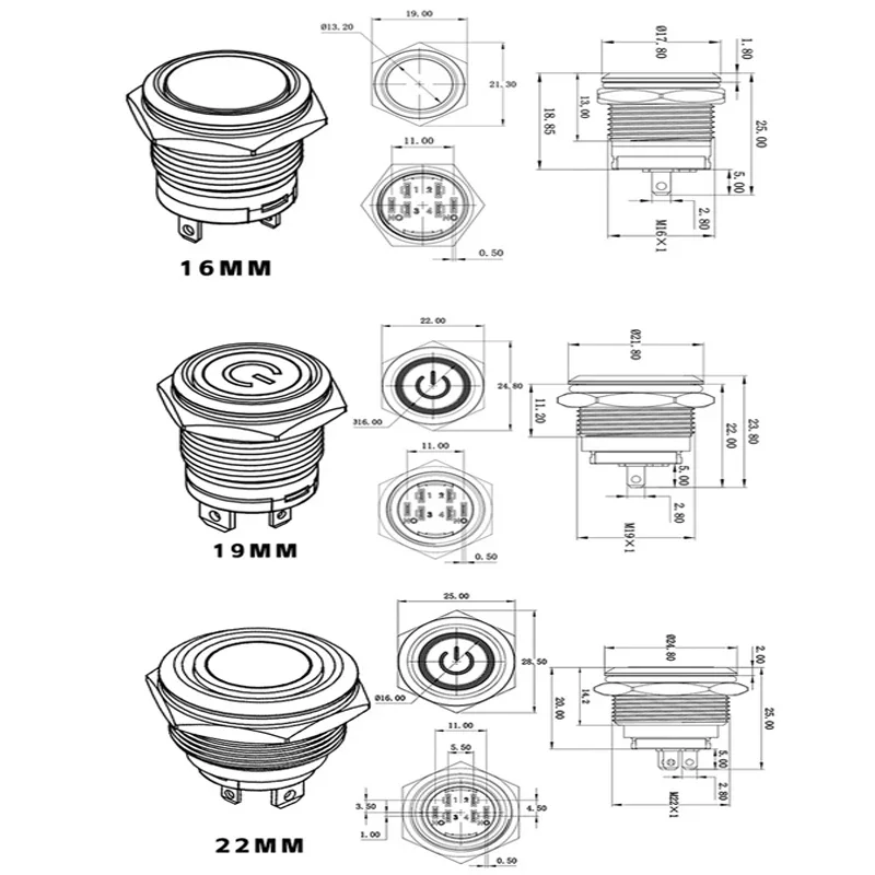 16mm, 19mm, 22mm Metal Push Button Switches With Led Indicator, 3V~220V Waterproof Switch Momentary/Locking IP65
16mm, 19mm, 22mm Metal Push Button Switches With Led Indicator, 3V~220V Waterproof Switch Momentary/Locking IP65