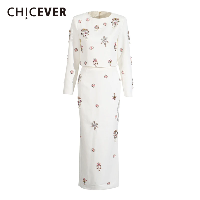 CHICEVER Spliced Beading Two Piece Set for Women O Neck Long Sleeve Top High Waist Bodycon Chic Skirt Suit Female Fashion Style
CHICEVER Spliced Beading Two Piece Set for Women O Neck Long Sleeve Top High Waist Bodycon Chic Skirt Suit Female Fashion Style